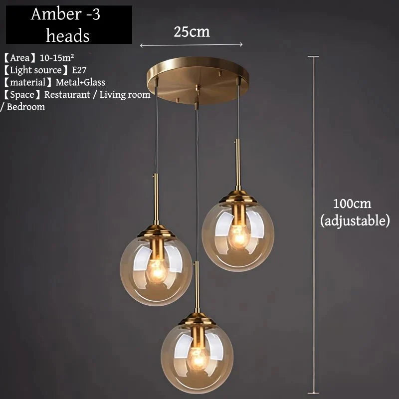 Suspension Luminaire Globe Verre Fumé et Laiton Vintage - Ambre - 3 têtes