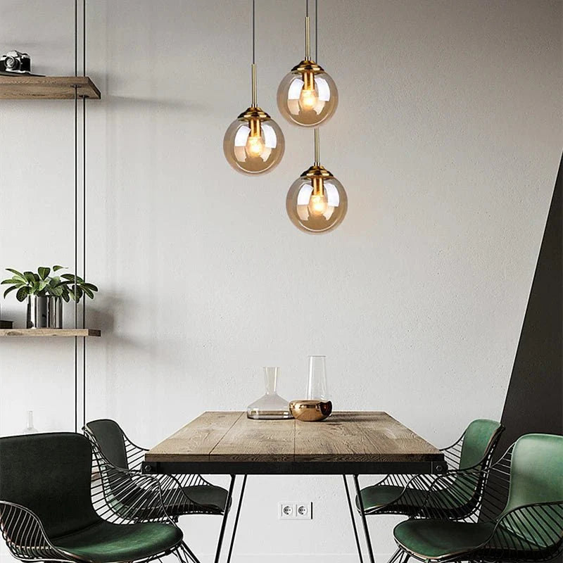Suspension Luminaire Globe Verre Fumé et Laiton Vintage - Ambre - 5 têtes