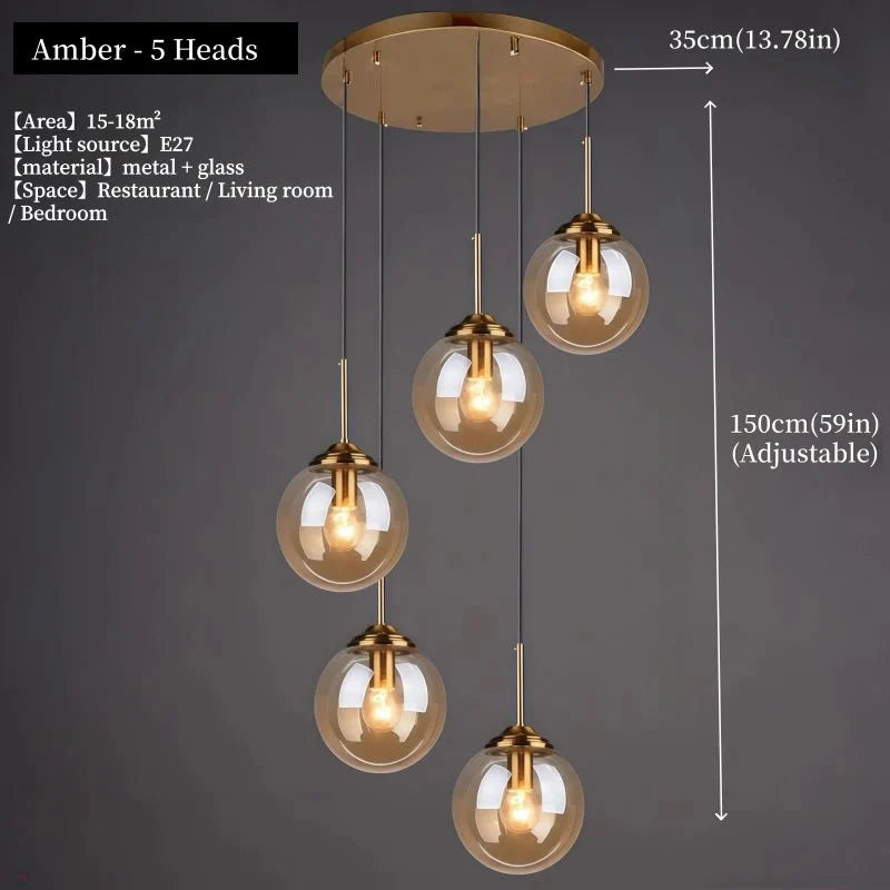 Suspension Luminaire Globe Verre Fumé et Laiton Vintage - Ambre - 5 têtes