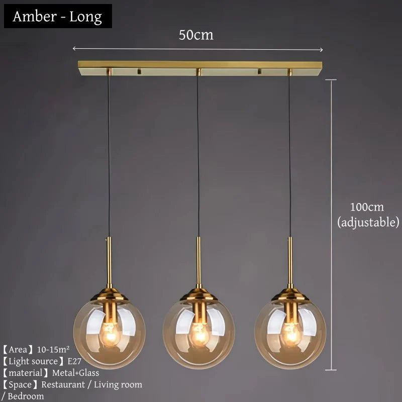 Suspension Luminaire Globe Verre Fumé et Laiton Vintage - Ambre - Long
