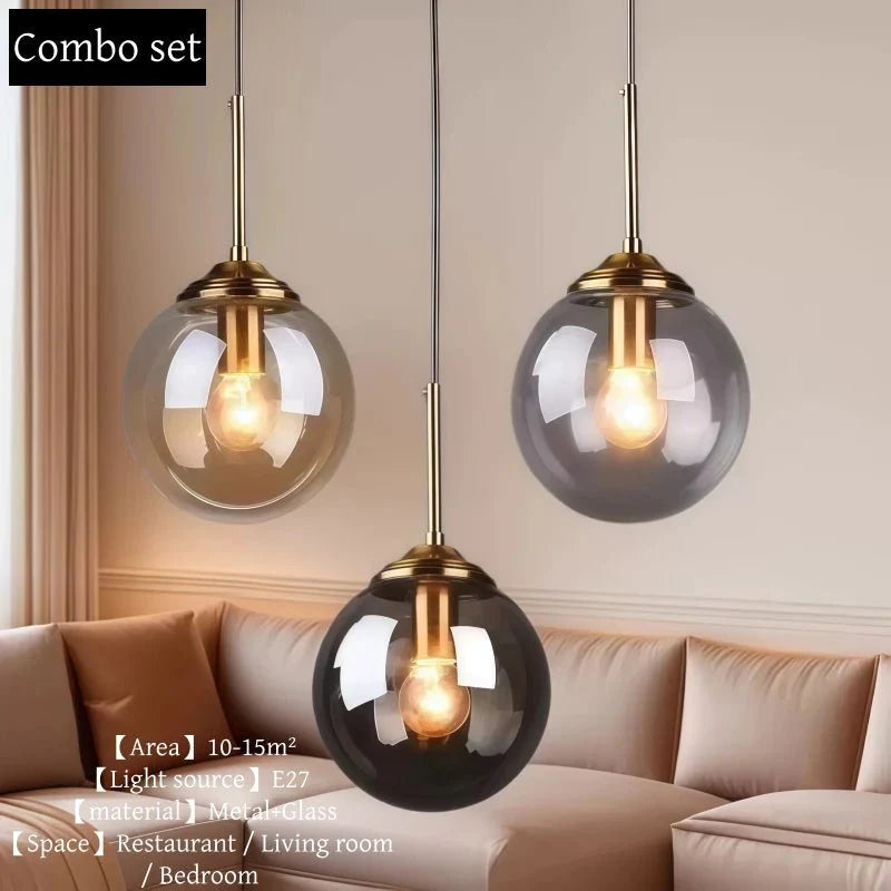 Suspension Luminaire Globe Verre Fumé et Laiton Vintage - Combinaison