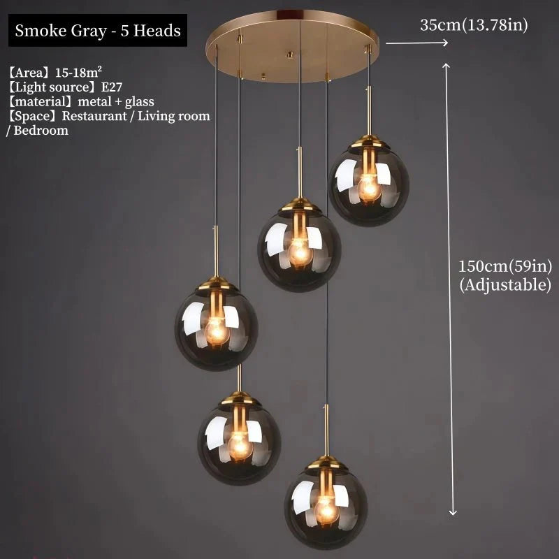 Suspension Luminaire Globe Verre Fumé et Laiton Vintage - Gris Fumée - 5 têtes