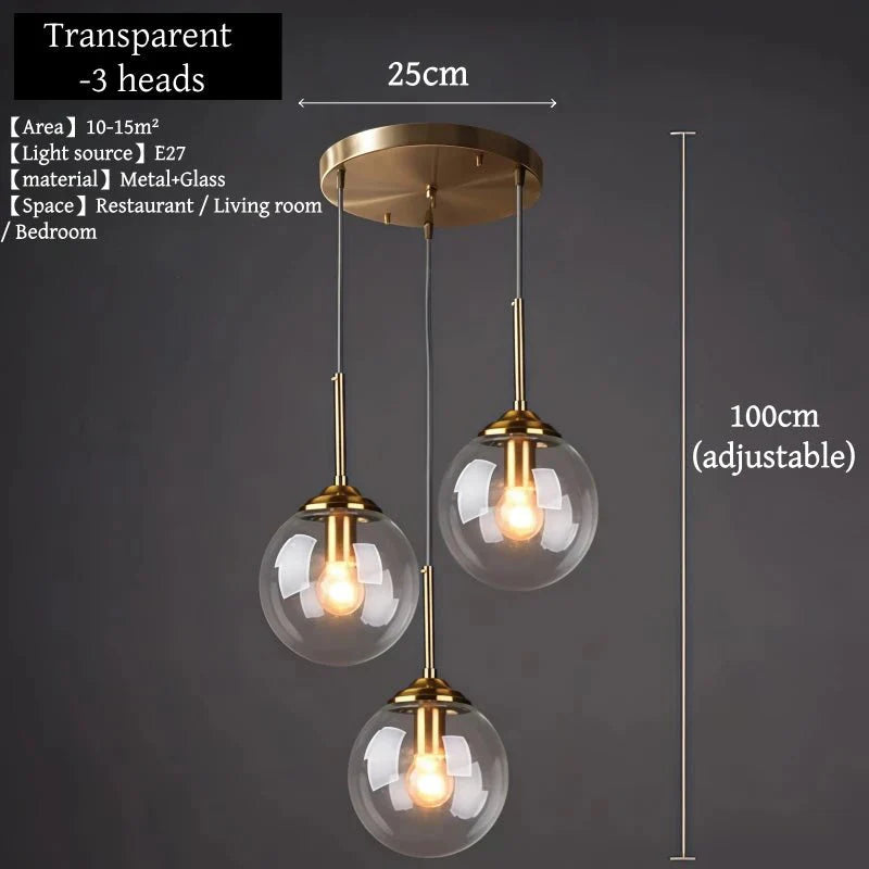 Suspension Luminaire Globe Verre Fumé et Laiton Vintage - Transparent - 3 têtes