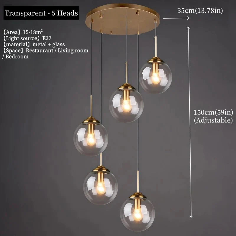 Suspension Luminaire Globe Verre Fumé et Laiton Vintage - Transparent - 5 têtes