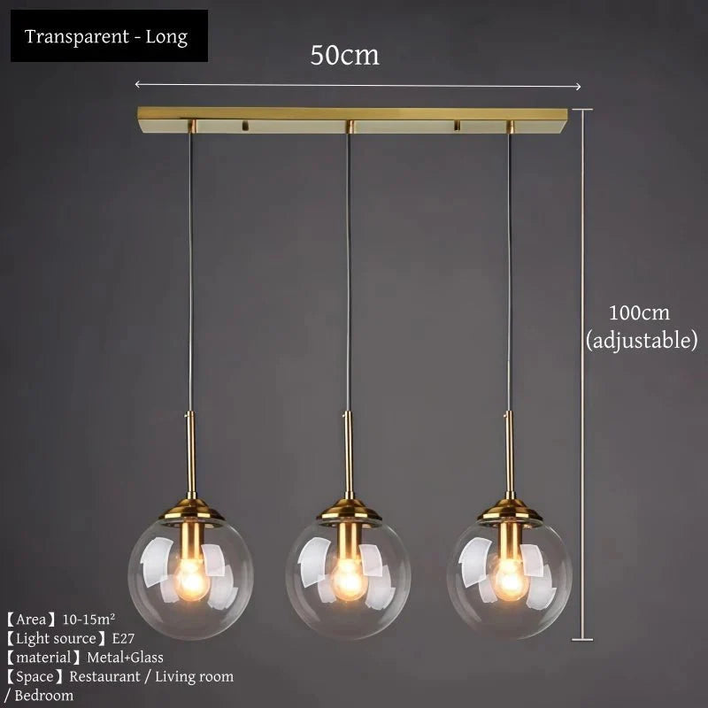 Suspension Luminaire Globe Verre Fumé et Laiton Vintage - Transparent - Long