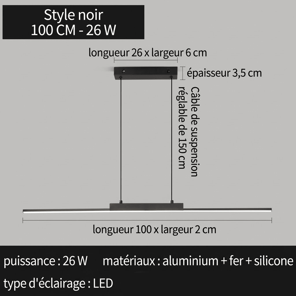 Suspension Luminaire Linéaire Noire Minimaliste - Blanc chaud