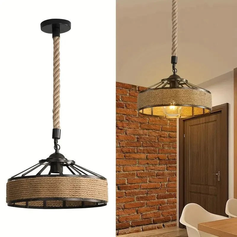Suspension Luminaire Métal et Corde de Chanvre -