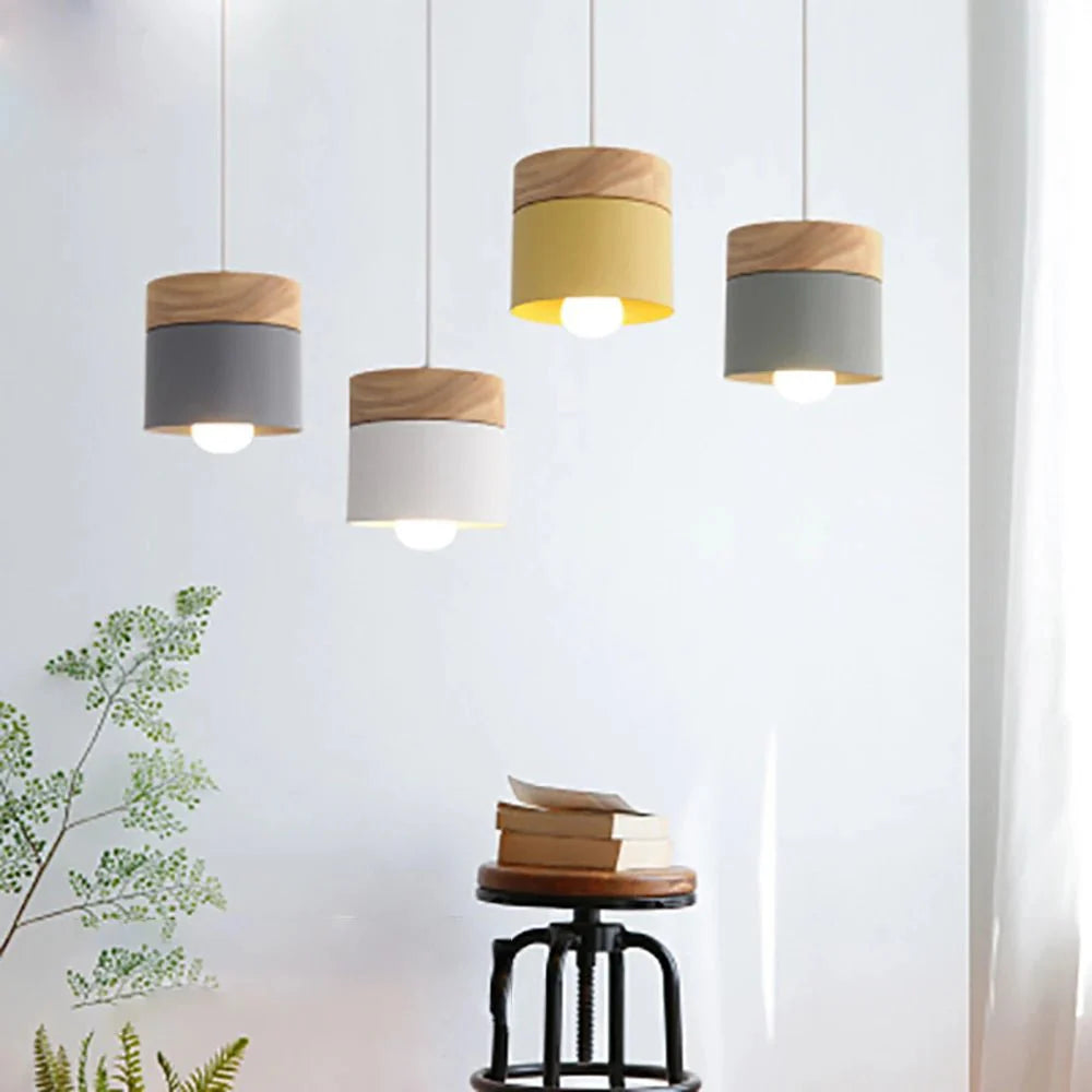 Suspension Luminaire Scandinave Bois et Métal Couleurs Pastel - Gris