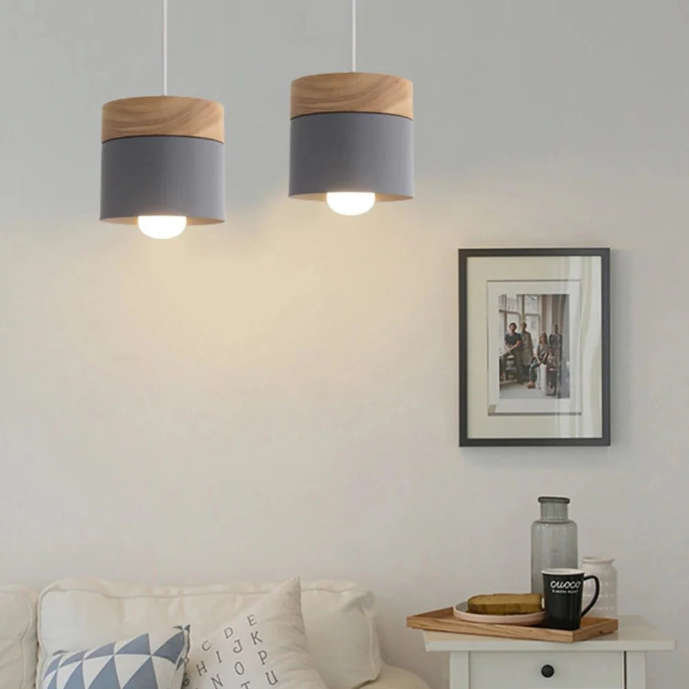 Suspension Luminaire Scandinave Bois et Métal Couleurs Pastel - Gris