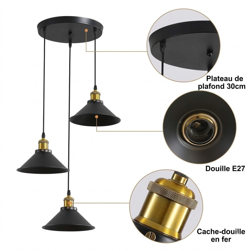 Suspension Luminaire Style Industrielle Noire 3 Lampes -