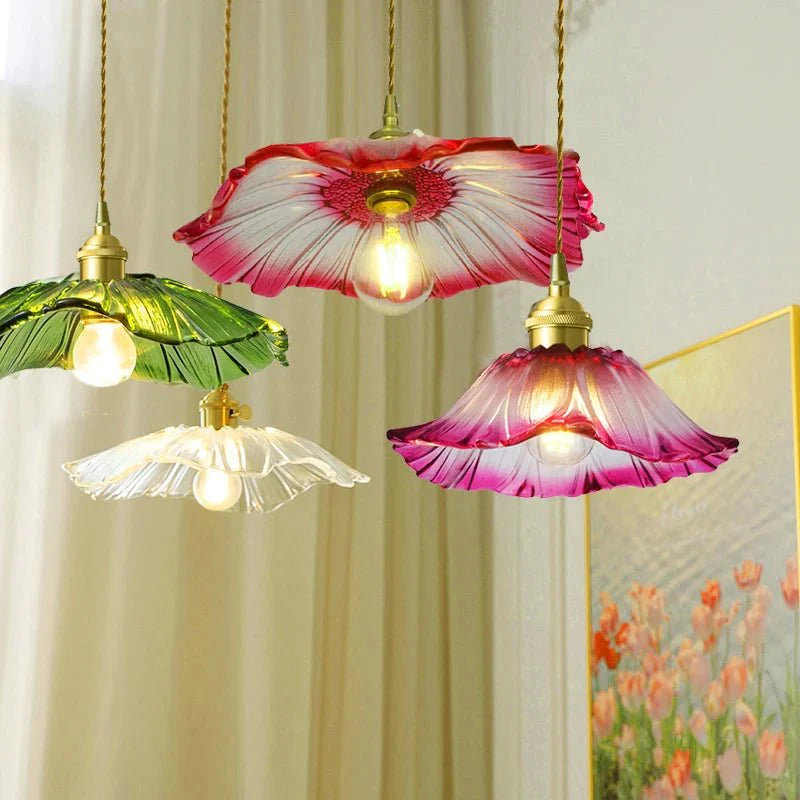 Suspension Luminaire Vintage en Verre Coloré Forme Fleur - A
