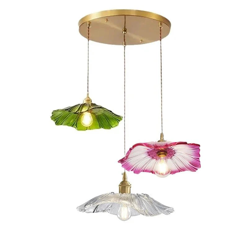 Suspension Luminaire Vintage en Verre Coloré Forme Fleur - R