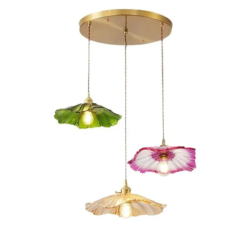 Suspension Luminaire Vintage en Verre Coloré Forme Fleur - S
