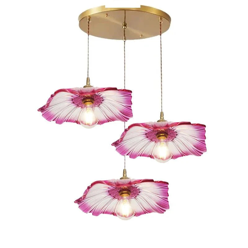 Suspension Luminaire Vintage en Verre Coloré Forme Fleur - T