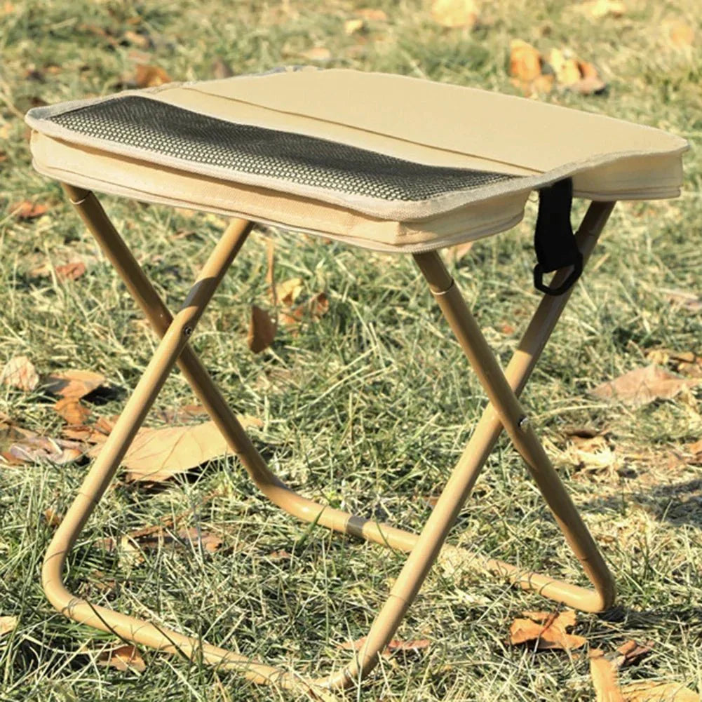 Tabouret Pliant Portable avec Sac de Rangement Intégré - Beige