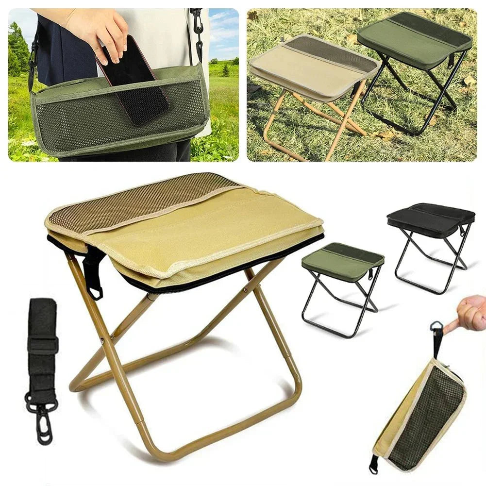 Tabouret Pliant Portable avec Sac de Rangement Intégré - Beige