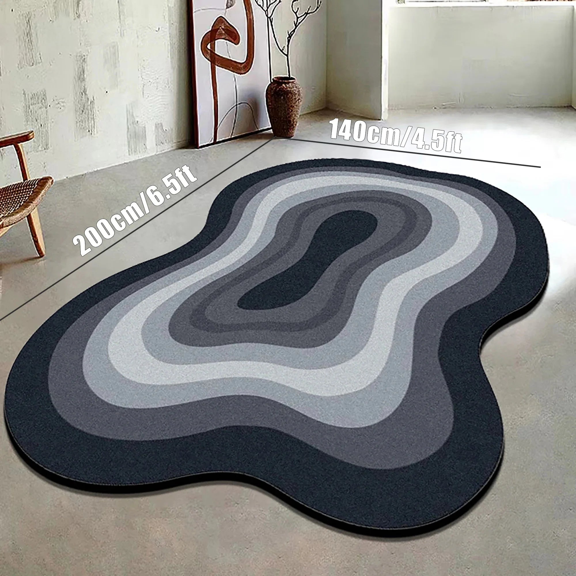 Tapis Forme Irrégulière Motif Vague Gris et Noir - 80x120cm