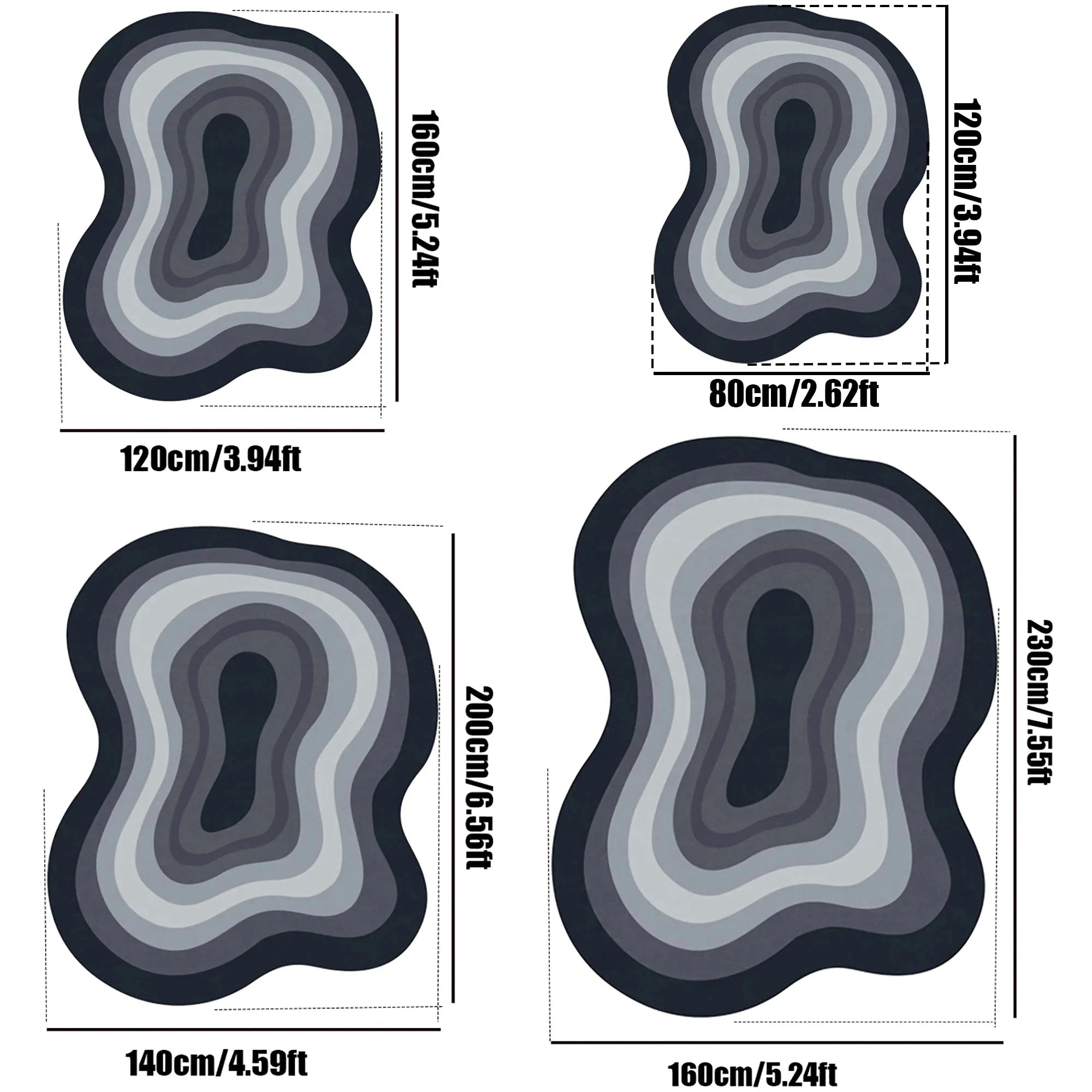 Tapis Forme Irrégulière Motif Vague Gris et Noir - 80x120cm