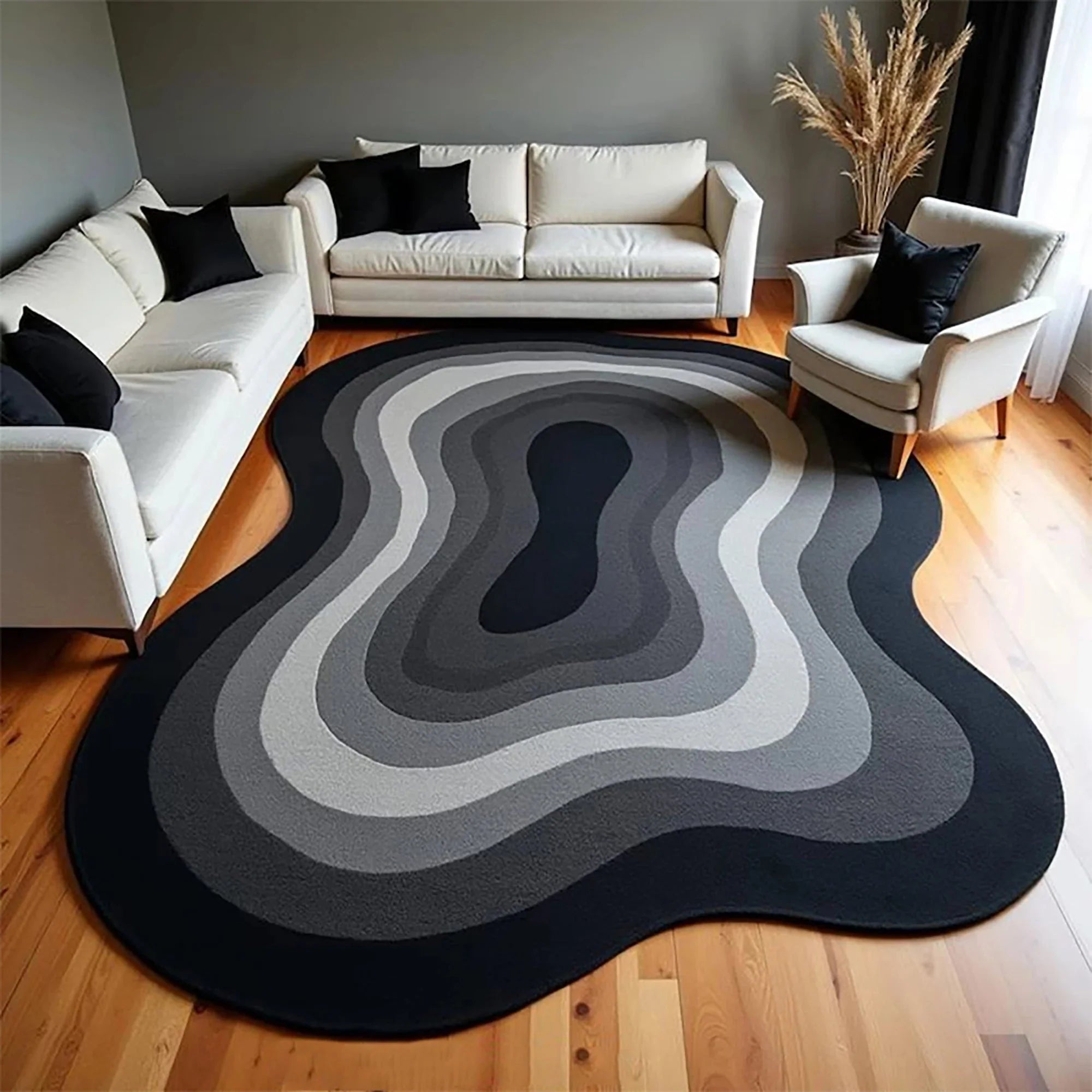 Tapis Forme Irrégulière Motif Vague Gris et Noir - 80x120cm
