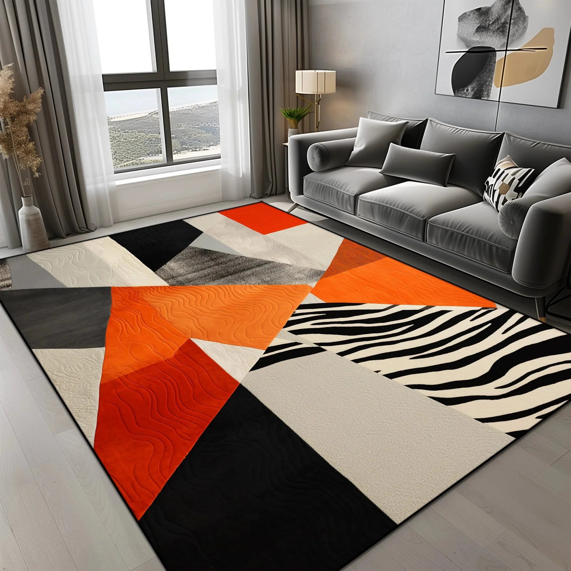 Tapis Géométrique Motif Triangles Orange Gris Noir - A