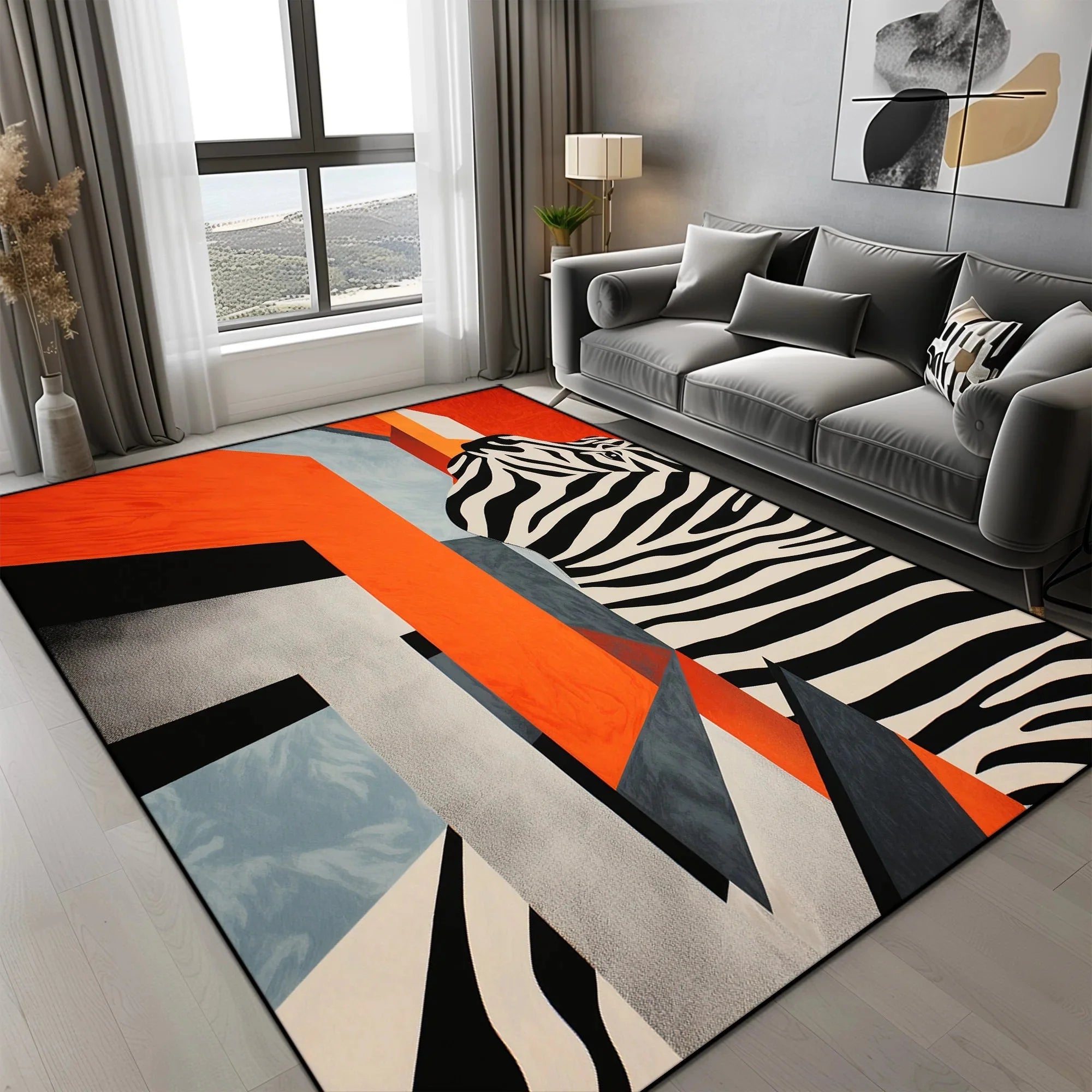 Tapis Géométrique Motif Triangles Orange Gris Noir - B