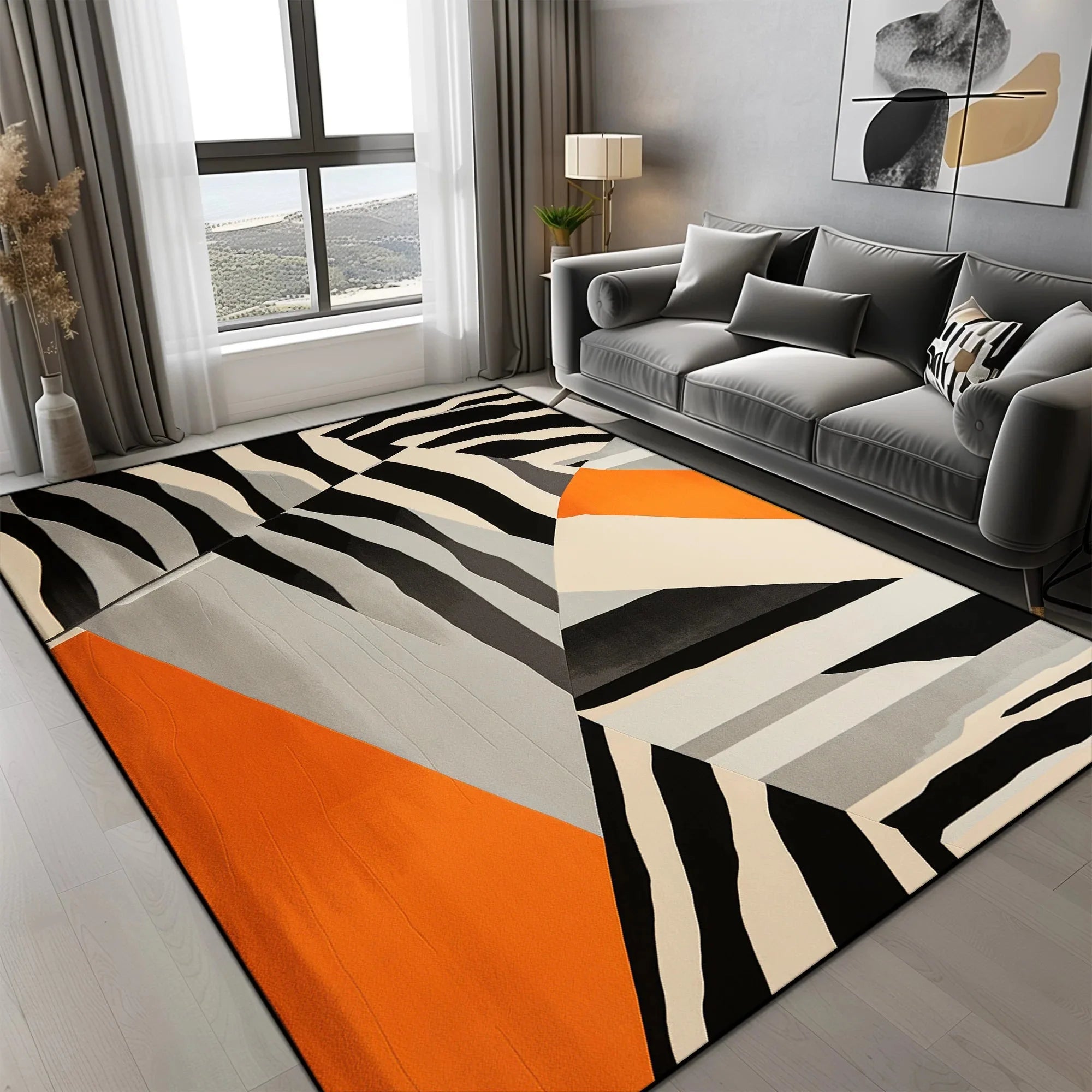 Tapis Géométrique Motif Triangles Orange Gris Noir - C