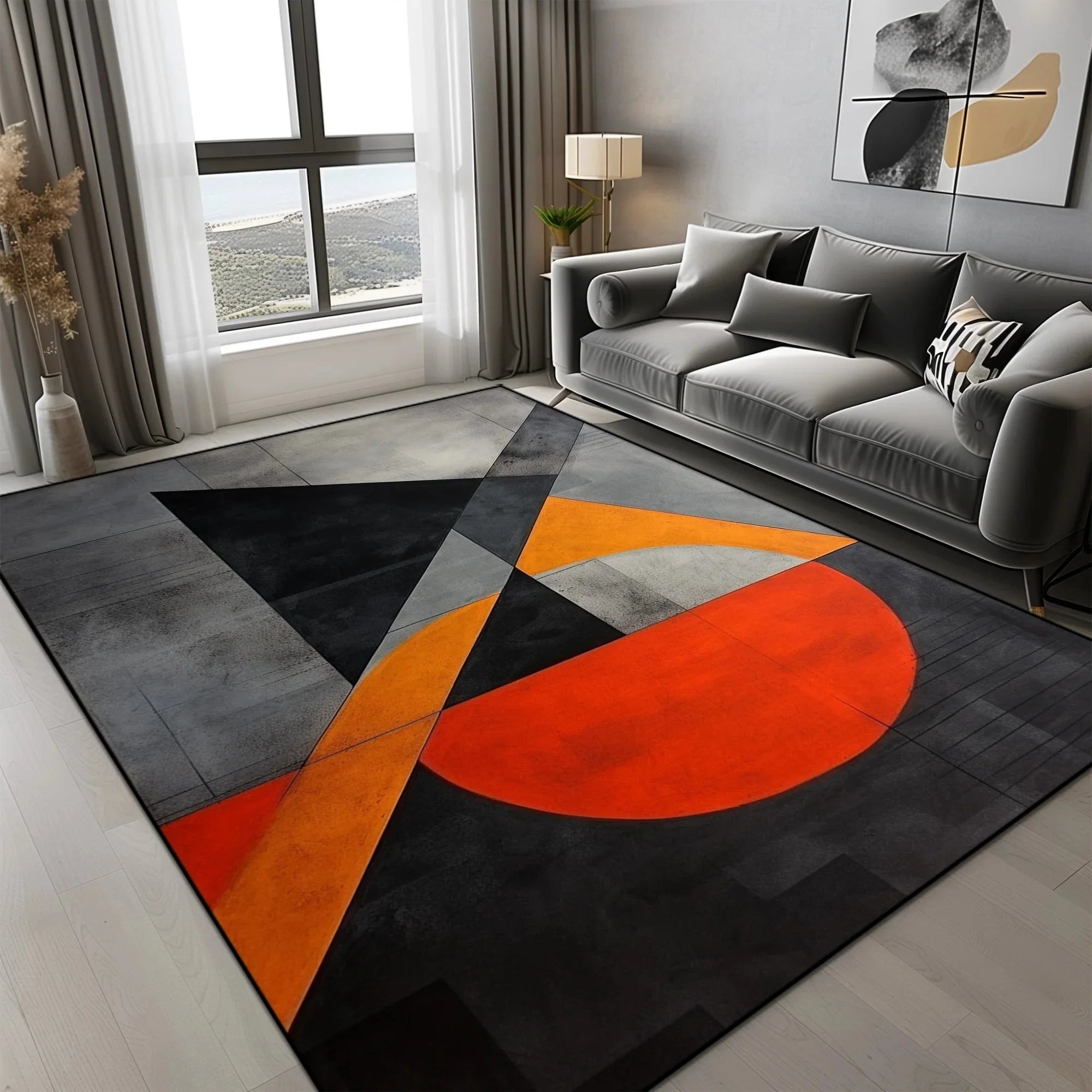 Tapis Géométrique Motif Triangles Orange Gris Noir - D