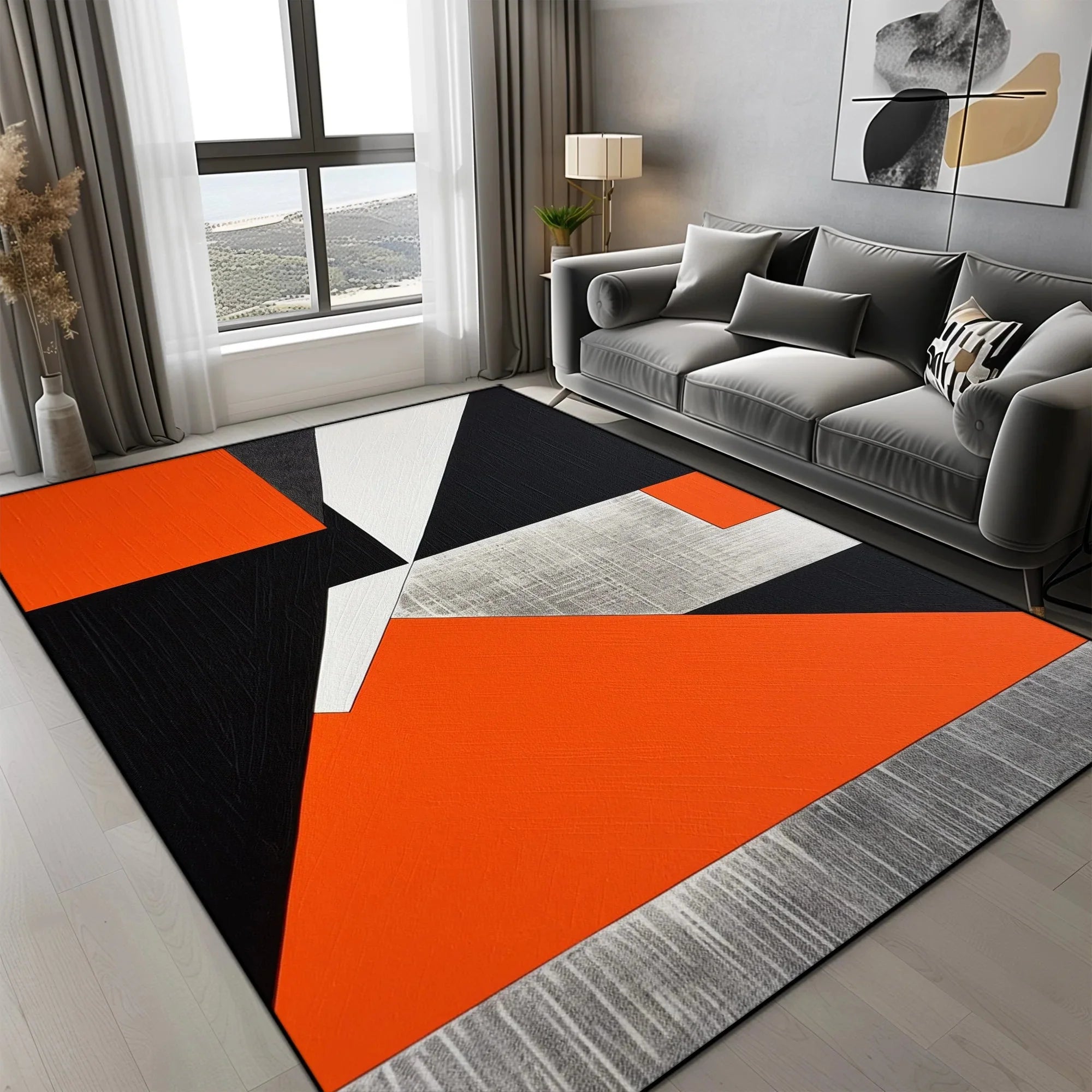 Tapis Géométrique Motif Triangles Orange Gris Noir - E