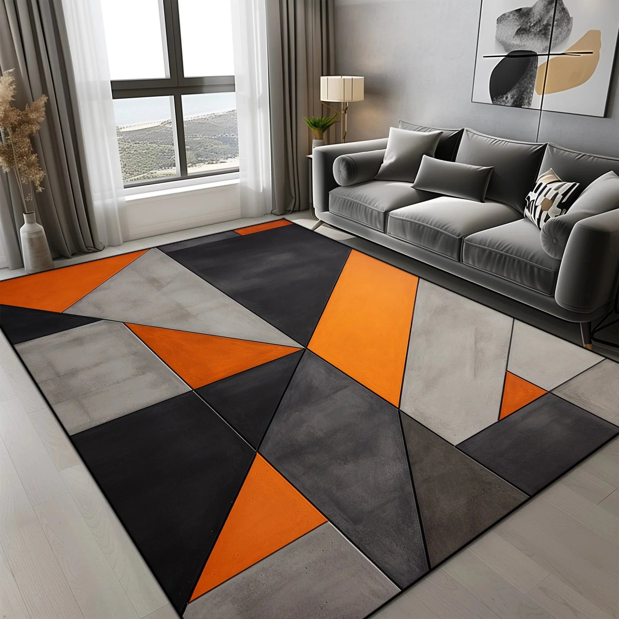 Tapis Géométrique Motif Triangles Orange Gris Noir - F