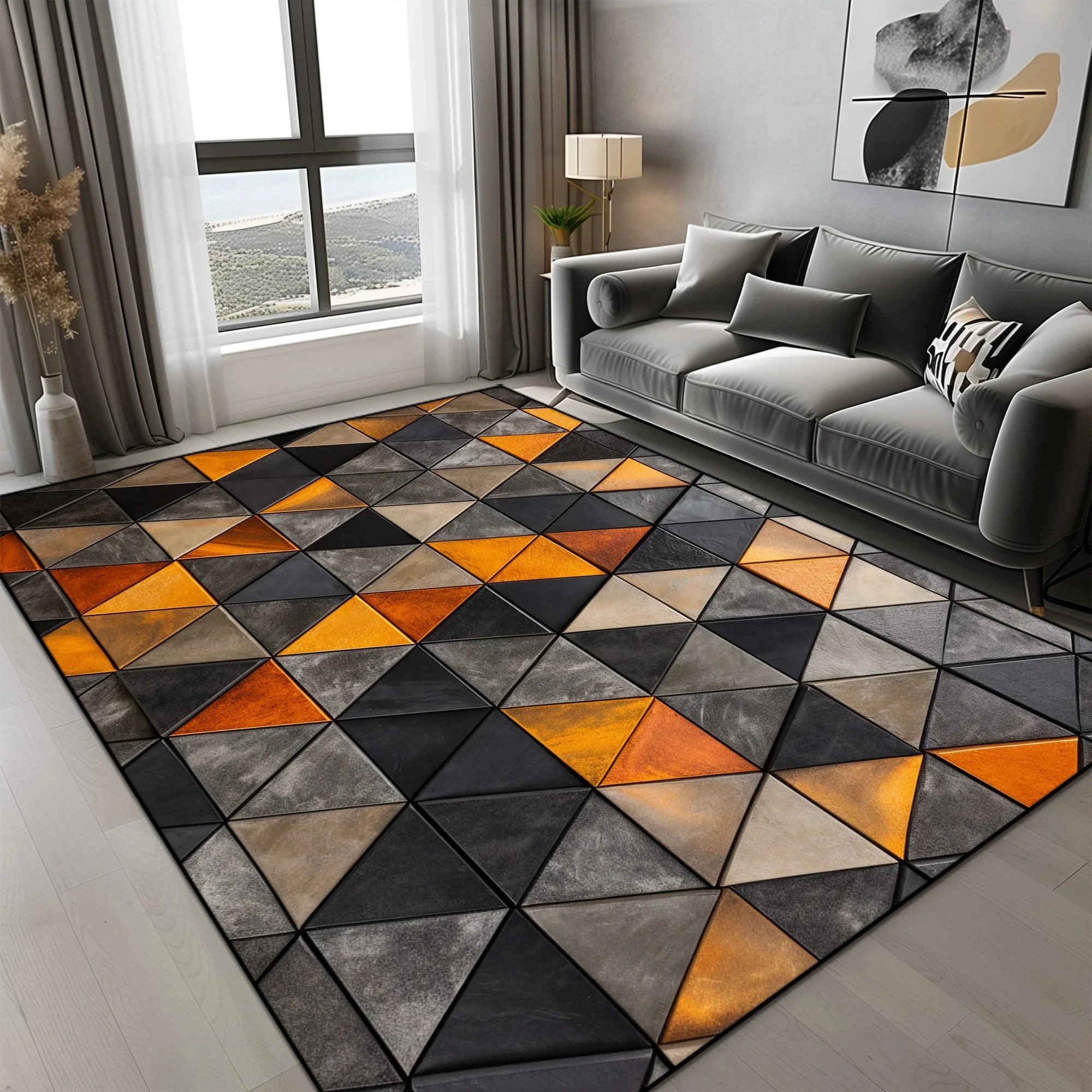 Tapis Géométrique Motif Triangles Orange Gris Noir - H