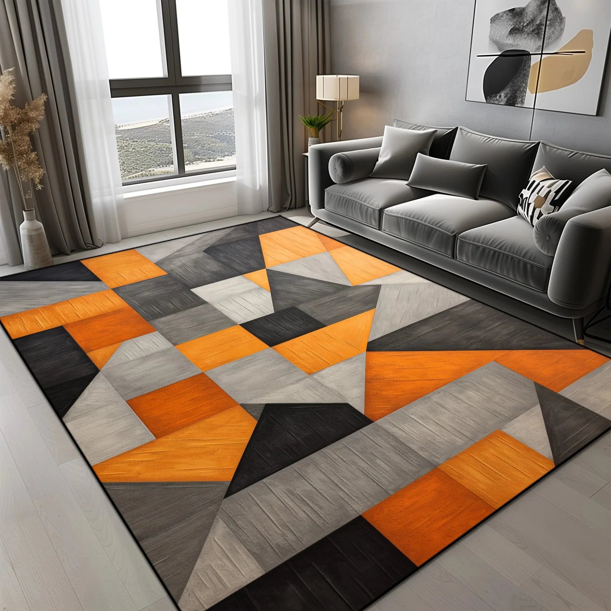 Tapis Géométrique Motif Triangles Orange Gris Noir - I