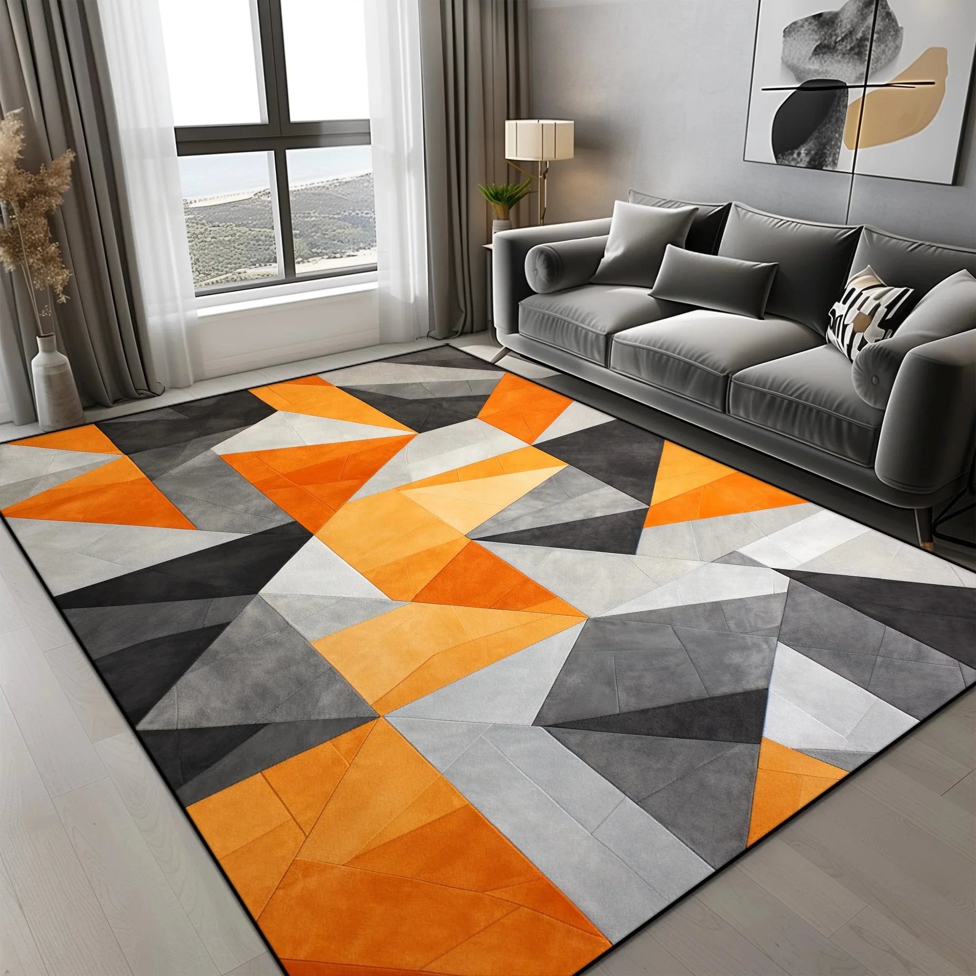 Tapis Géométrique Motif Triangles Orange Gris Noir - J