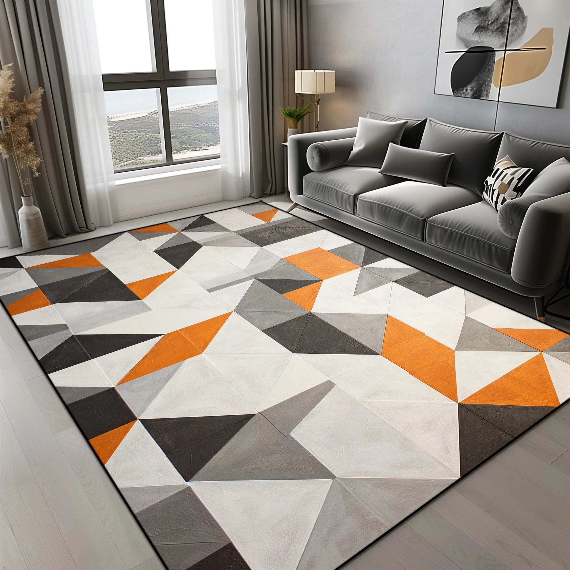 Tapis Géométrique Motif Triangles Orange Gris Noir - K