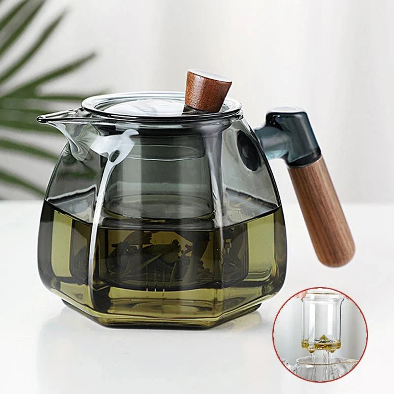 Théière en Verre Borosilicate 600ML avec Manche en Bois Scandinave - Foncé