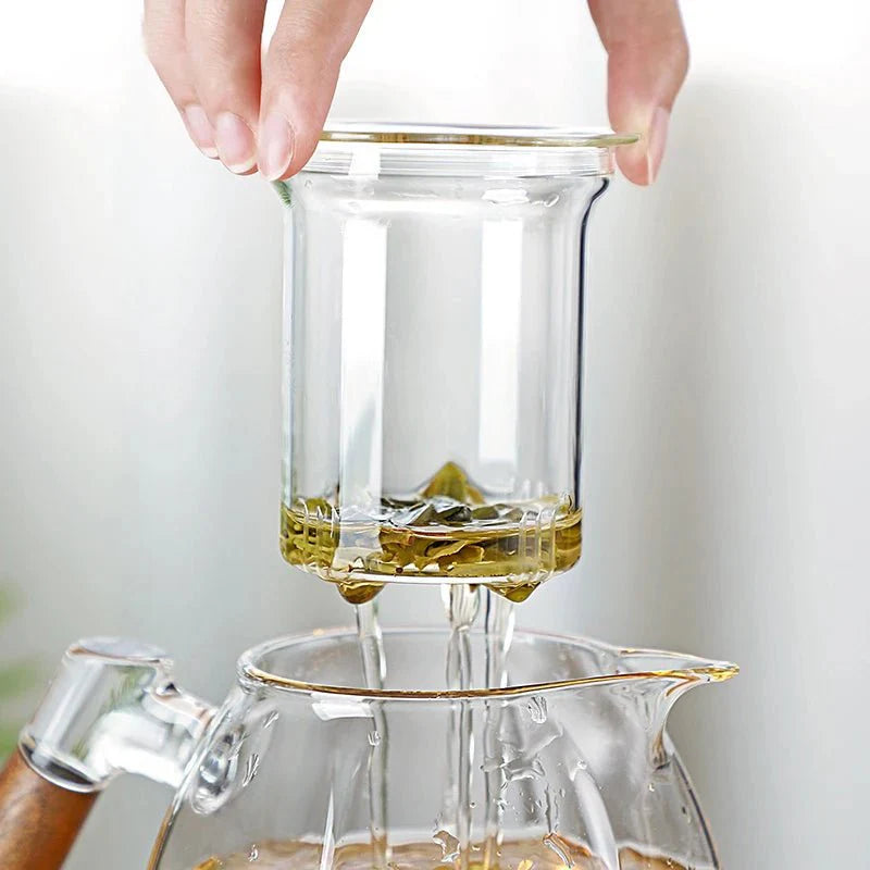 Théière en Verre Borosilicate 600ML avec Manche en Bois Scandinave - Foncé