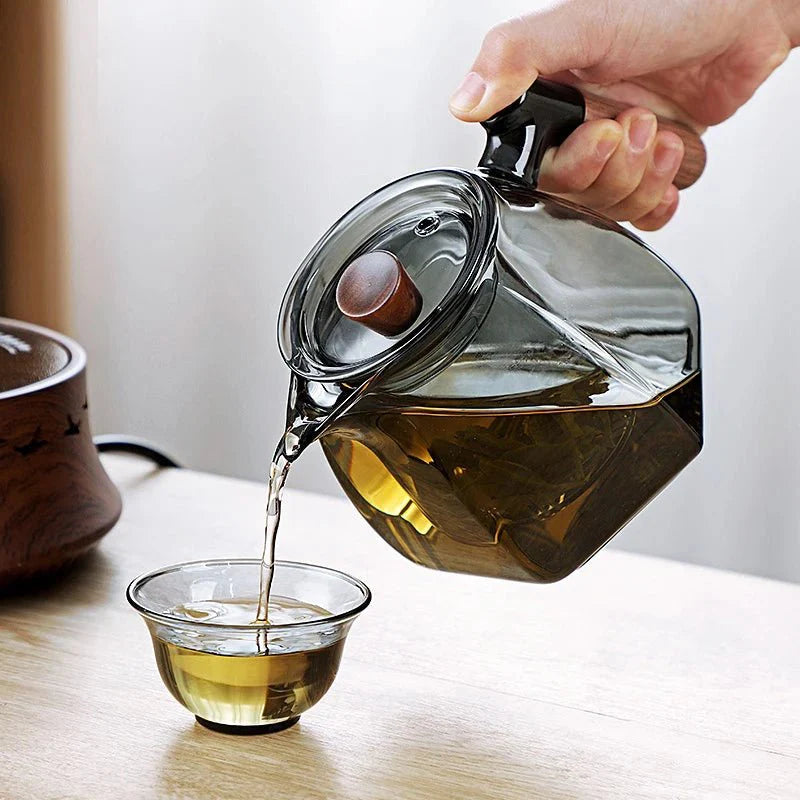 Théière en Verre Borosilicate 600ML avec Manche en Bois Scandinave - Foncé