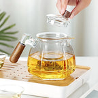 Théière en Verre Borosilicate 600ML avec Manche en Bois Scandinave - Transparent