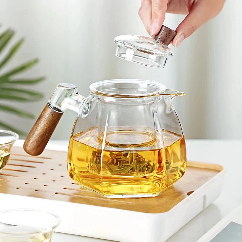 Théière en Verre Borosilicate 600ML avec Manche en Bois Scandinave - Transparent