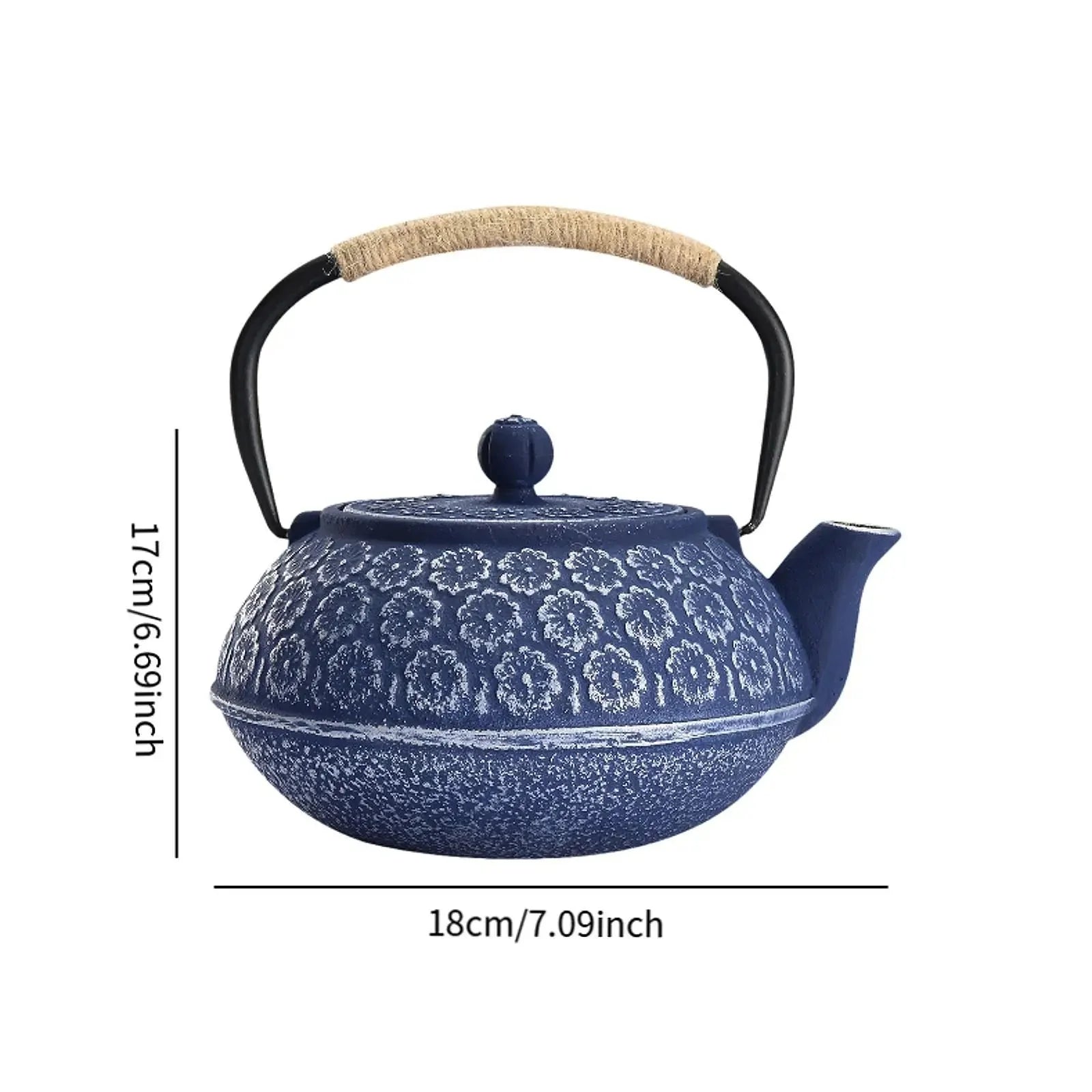 Théière Japonaise en Fonte Émaillée Bleue Motif Floral Sakura -