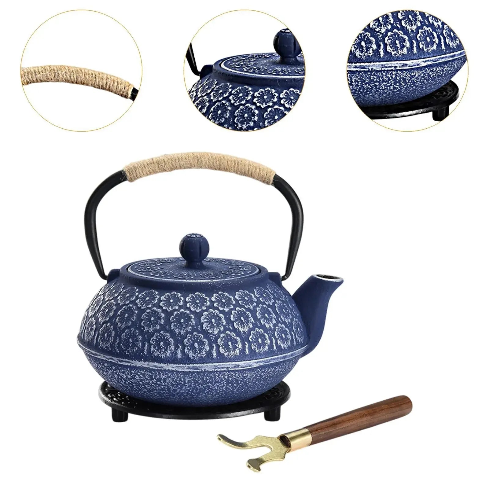 Théière Japonaise en Fonte Émaillée Bleue Motif Floral Sakura -