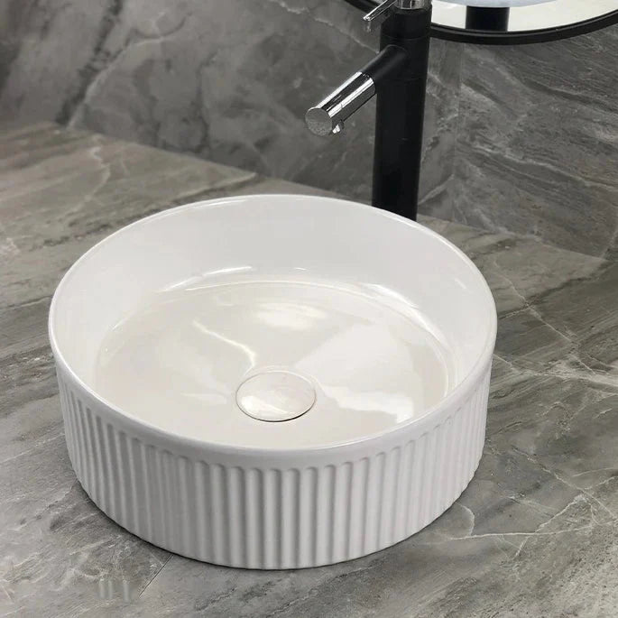 Vasque à Poser en Céramique Blanche Finition Cannelée Salle de Bain - Rond