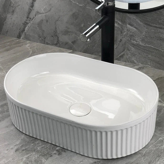 Vasque à Poser en Céramique Blanche Finition Cannelée Salle de Bain - Rond