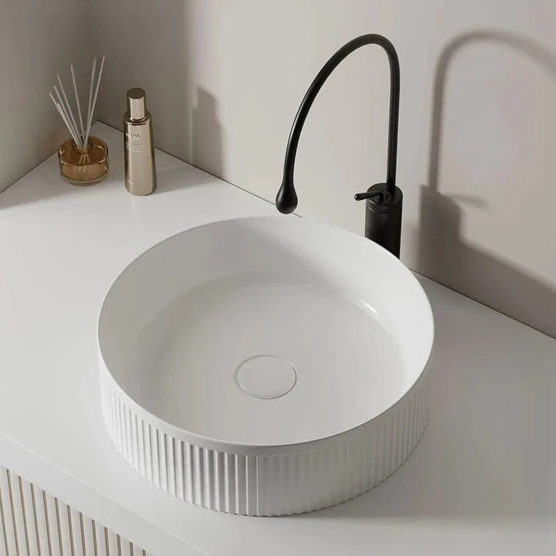 Vasque à Poser en Céramique Blanche Finition Cannelée Salle de Bain - Rond