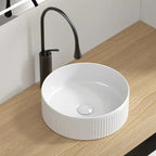 Vasque à Poser en Céramique Blanche Finition Cannelée Salle de Bain - Rond
