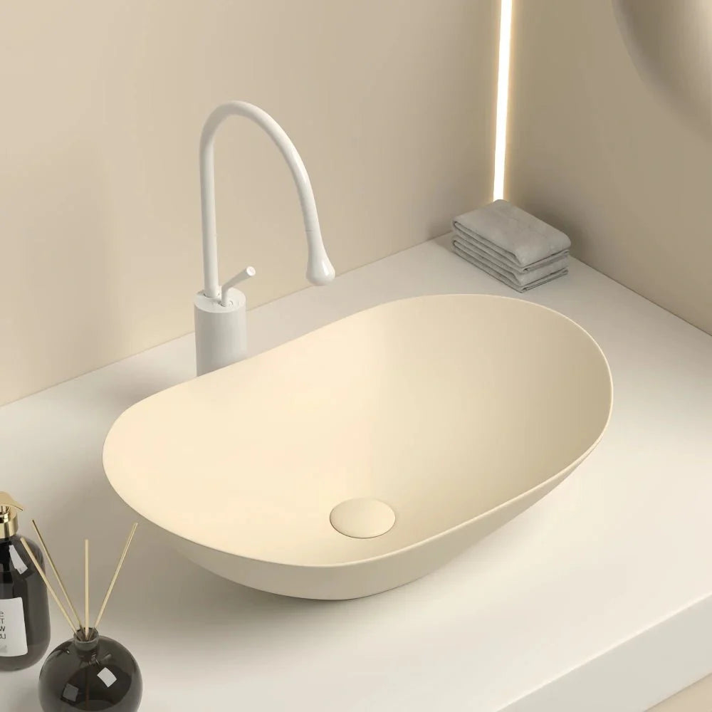Vasque à Poser Ovale en Céramique Salle de Bain - Beige