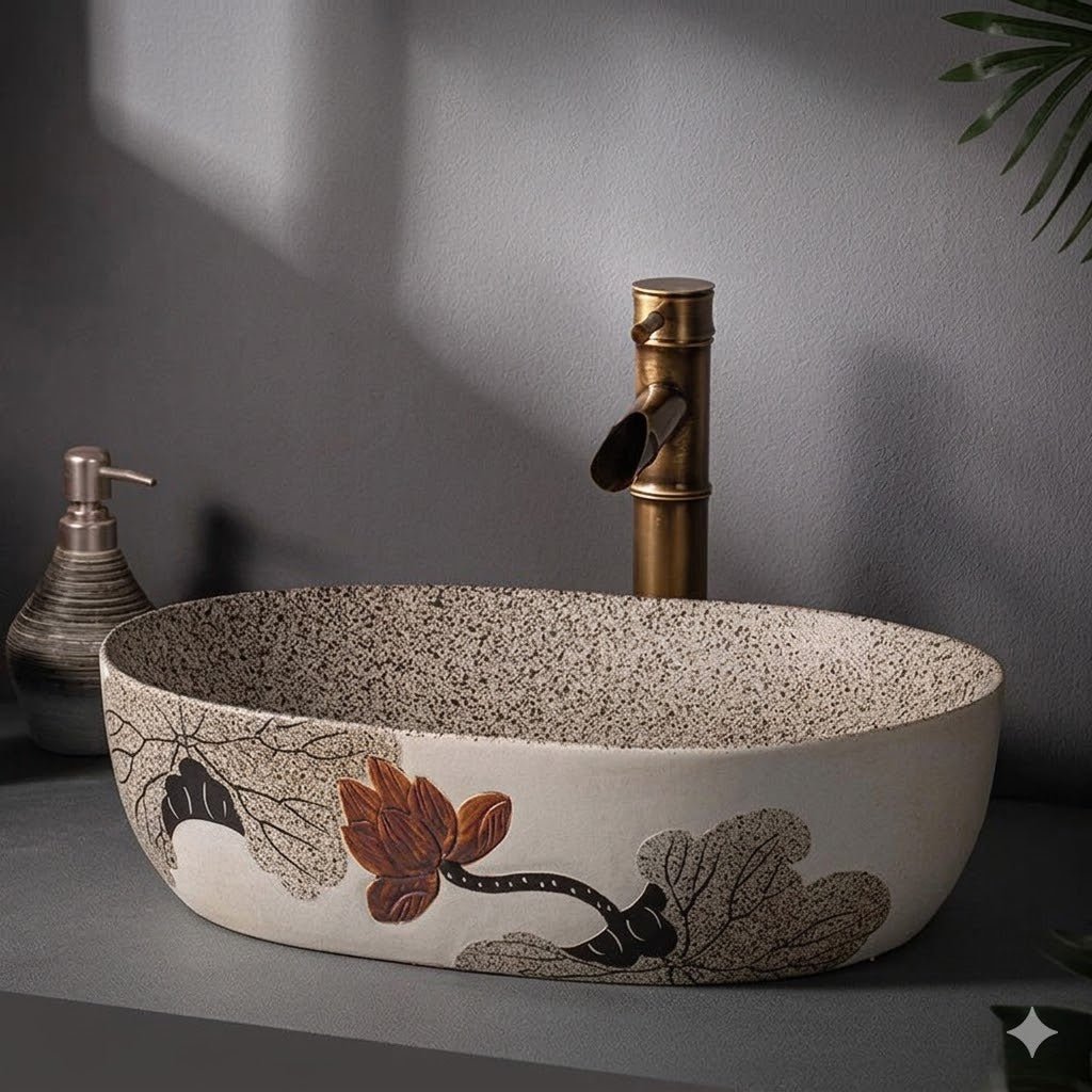Vasque Salle de Bain Style Vintage - Ovale A motif 47x34x14cm